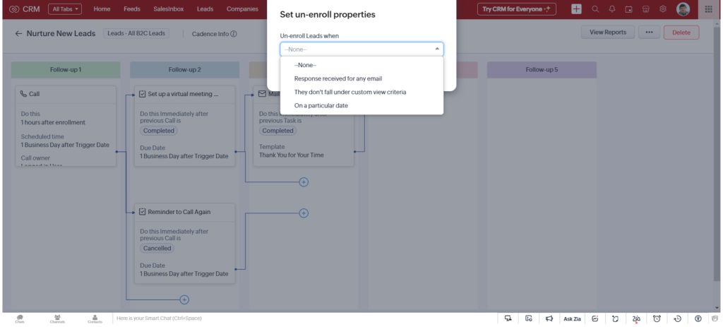 Setting up cadences in zoho crm